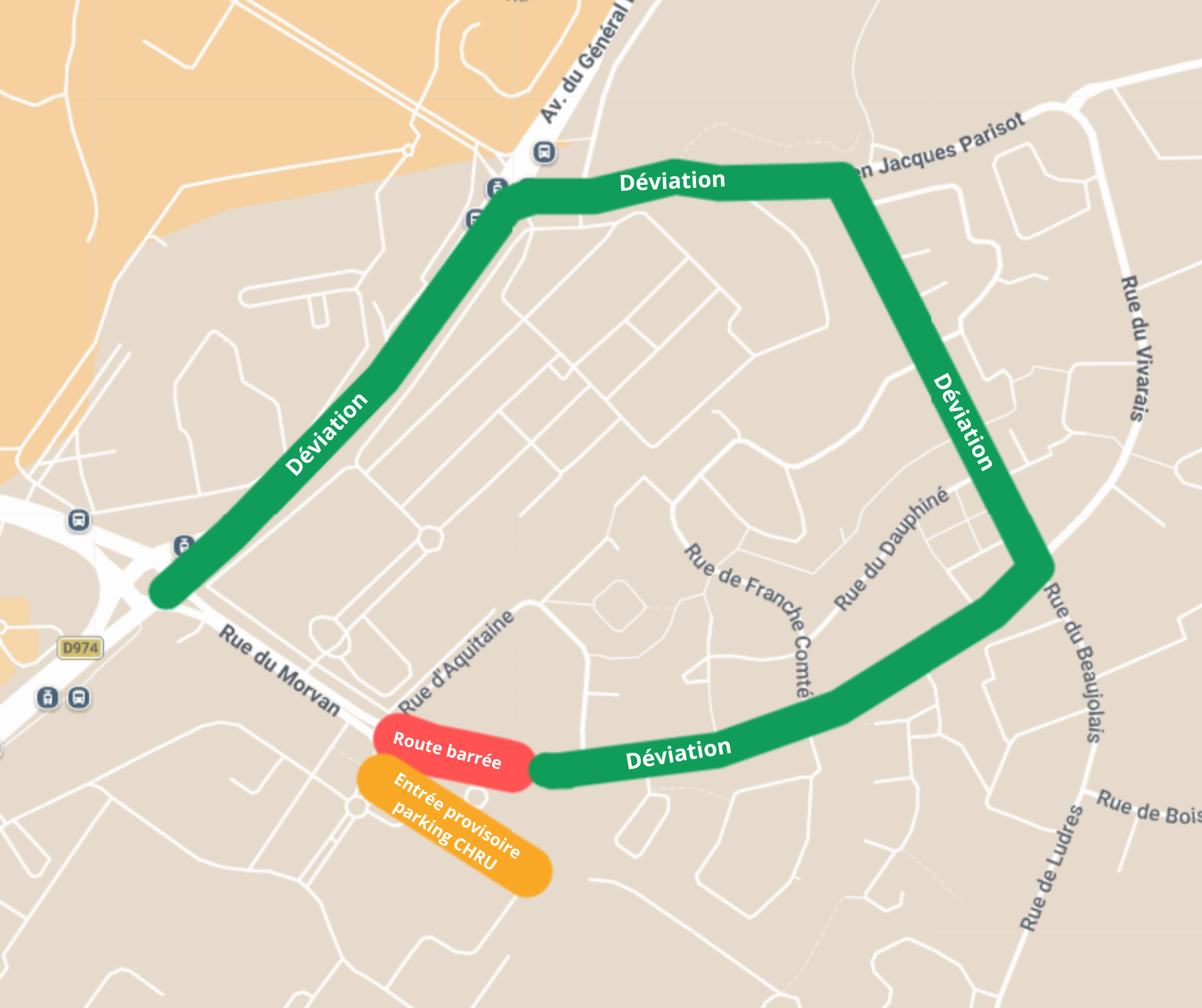 Plan de circulation indiquant la fermeture de la rue du Morvan et l’itinéraire de déviation par une voirie provisoire à double sens.